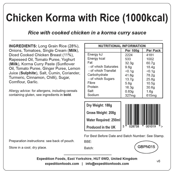 Pollo Korma con Arroz 1000 Kcal (Energía Extrema) Expedition Foods