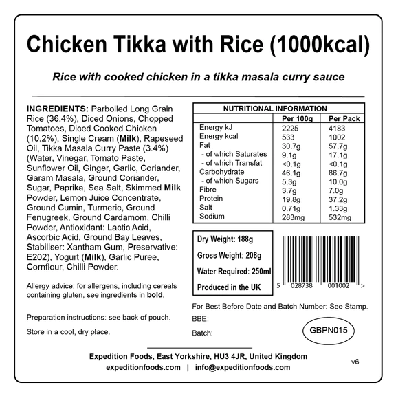Pollo Tikka con Arroz 1000 Kcal (Energía Extrema) Expedition Foods