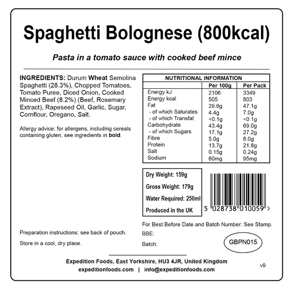 Espaguetis a la Boloñesa 800 Kcal (Alto Valor Energético)  Expedition Foods