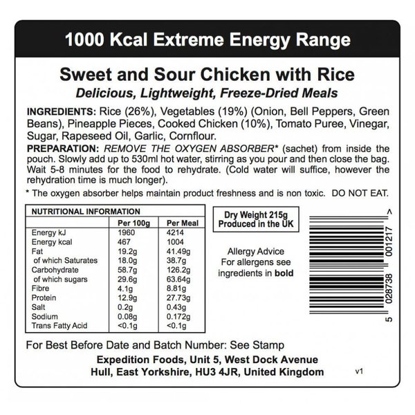 Pollo Agridulce con Arroz  1000 Kcal (Energía Extrema) Expedition Foods 004-0268