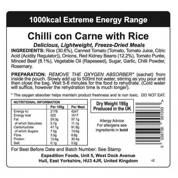 Chile con Carne y Arroz 1000 Kcal (Energía Extrema) Expedition Foods 004-0247