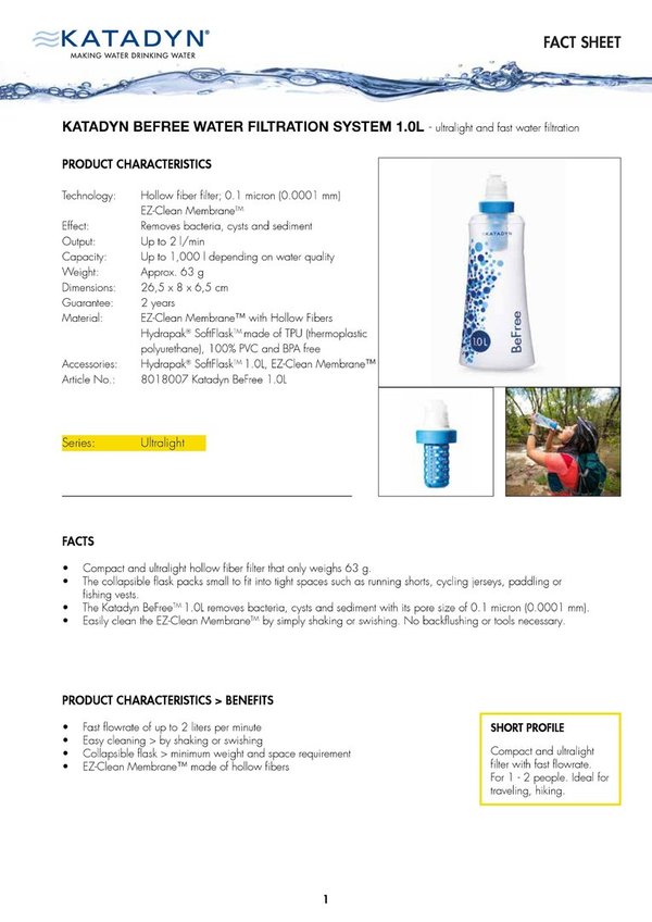 Katadyn Bidón BeFree 1 L Softflasks para Potabilizar agua 8018007
