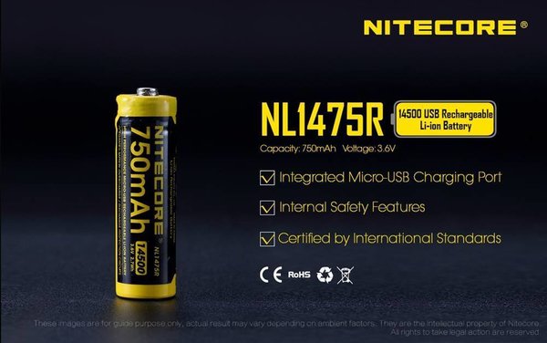 Batería Recargable Micro-USB 14500 750mAh Nitecore NL1475R