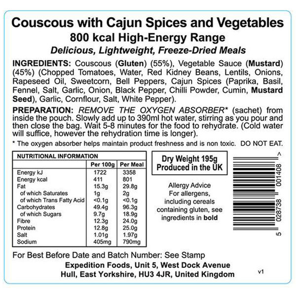 Cuscús vegano con especias y verduras cajún 800kcal Expedition Foods 004-5021
