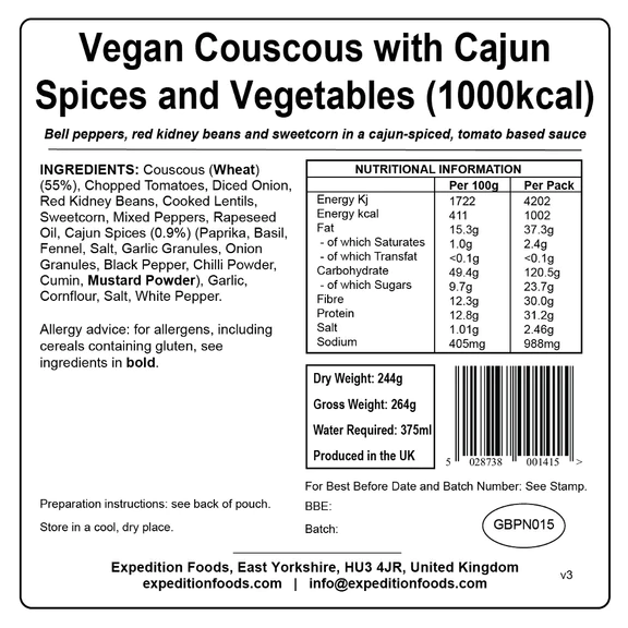 Cuscús vegano con especias y verduras cajún 1000kcal Expedition Foods