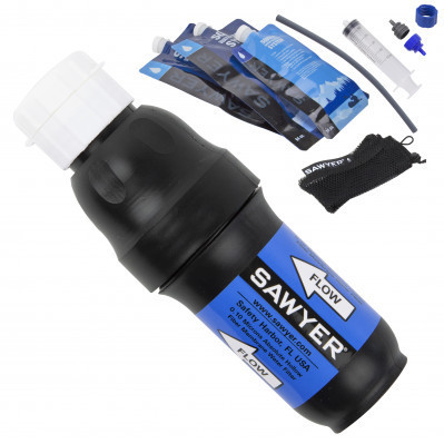 Sawyer Point One Squeeze Water Filter System - Includes 64oz, 32oz and 16oz Squeezable Pouches and C