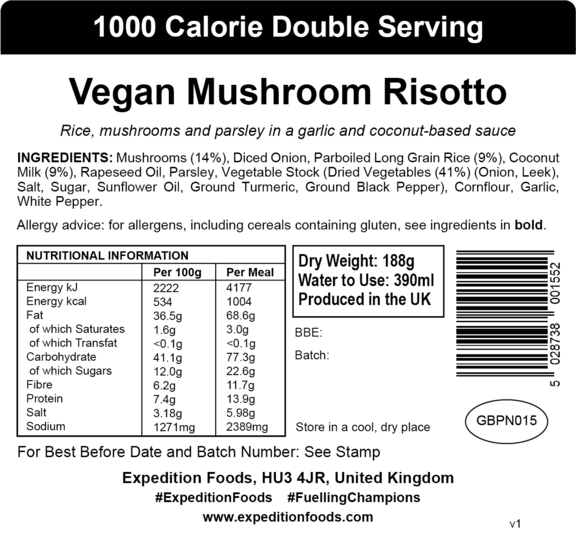 Vegan Mushroom Risotto 1000 kcal Expedition Foods
