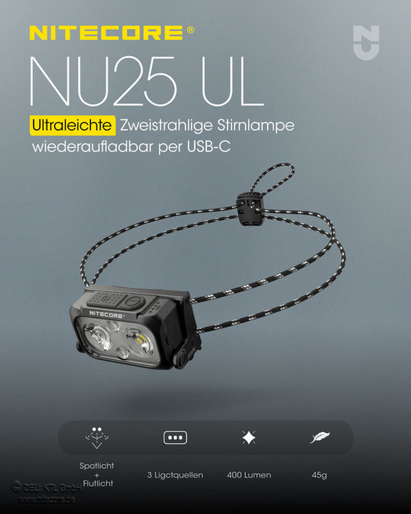 Nitecore NU25UL Ultralight 400 lúmenes Frontal LED Recargable Triple Salida – Blanco, Rojo, Alto CRI